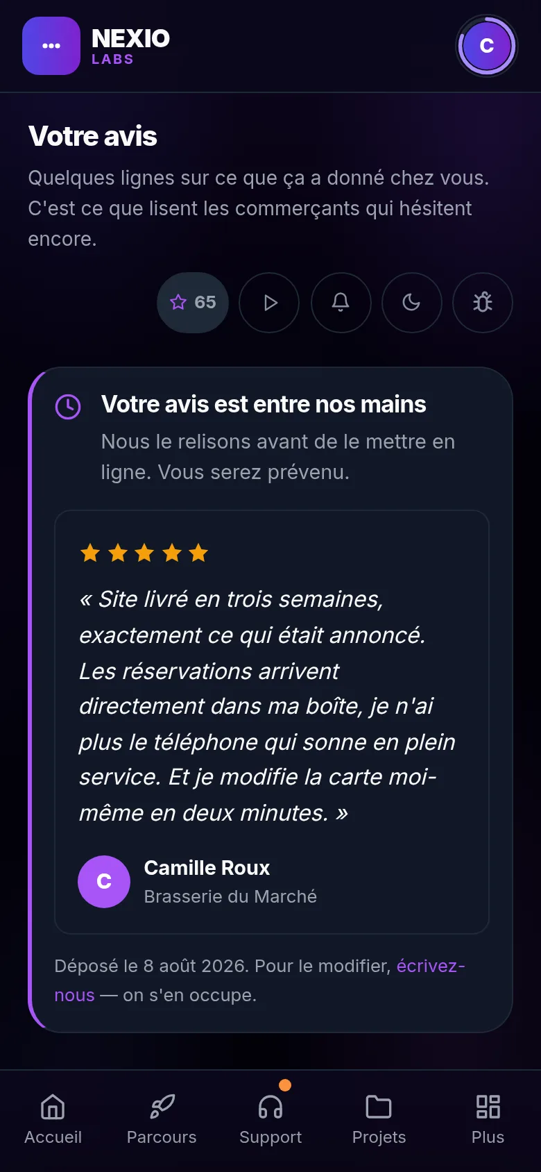 Écran Mon avis : la note en étoiles, le commentaire déposé et les points gagnés