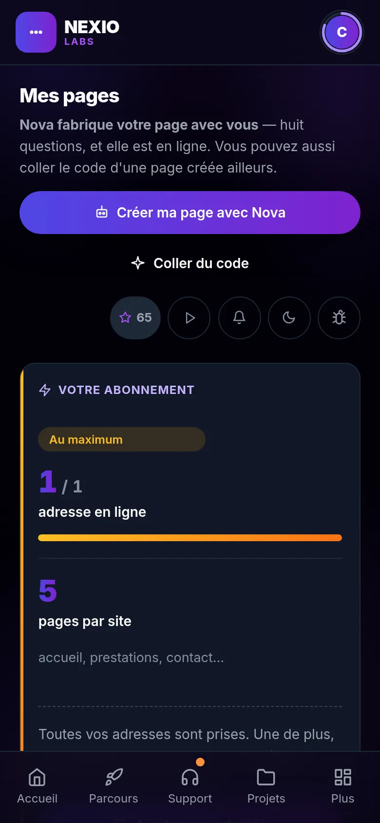 Écran Mes pages : la page en ligne avec son adresse, son nombre de vues et le bouton Modifier