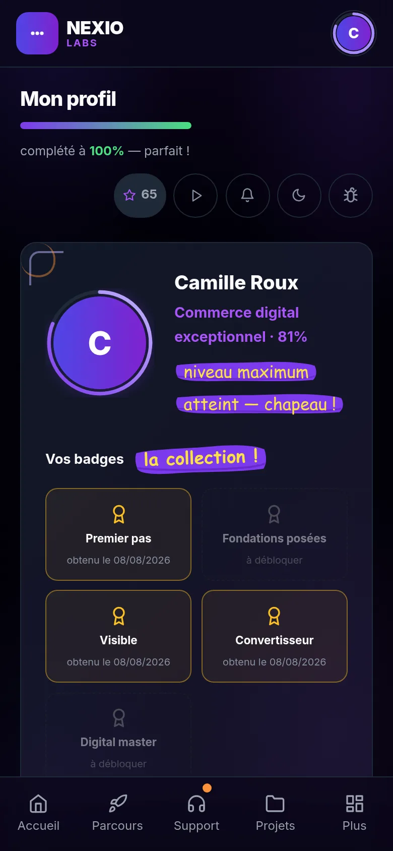 Écran Mon profil : avatar, rang, barre de progression et collection de badges