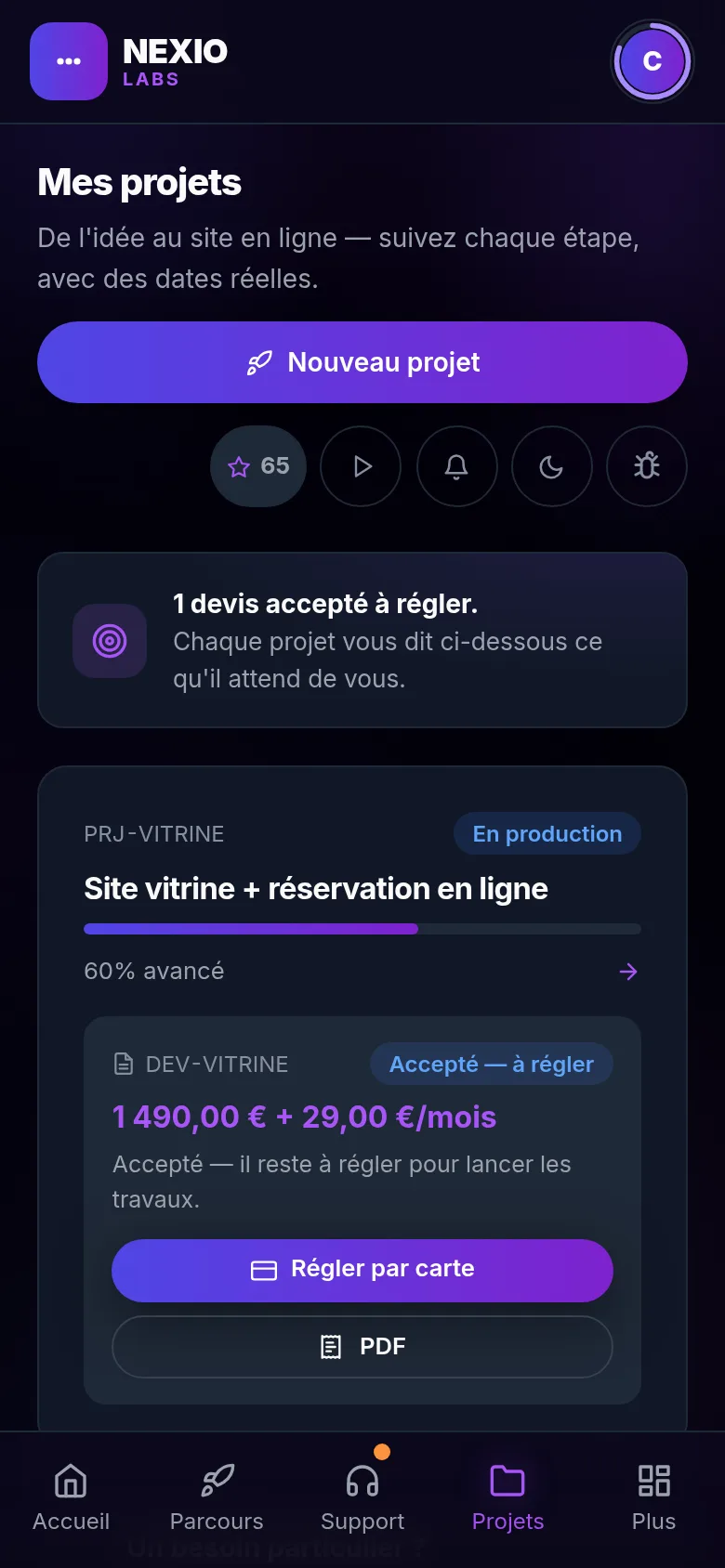 Écran Mes projets : l'avancement du projet, les étapes franchies et celles à venir