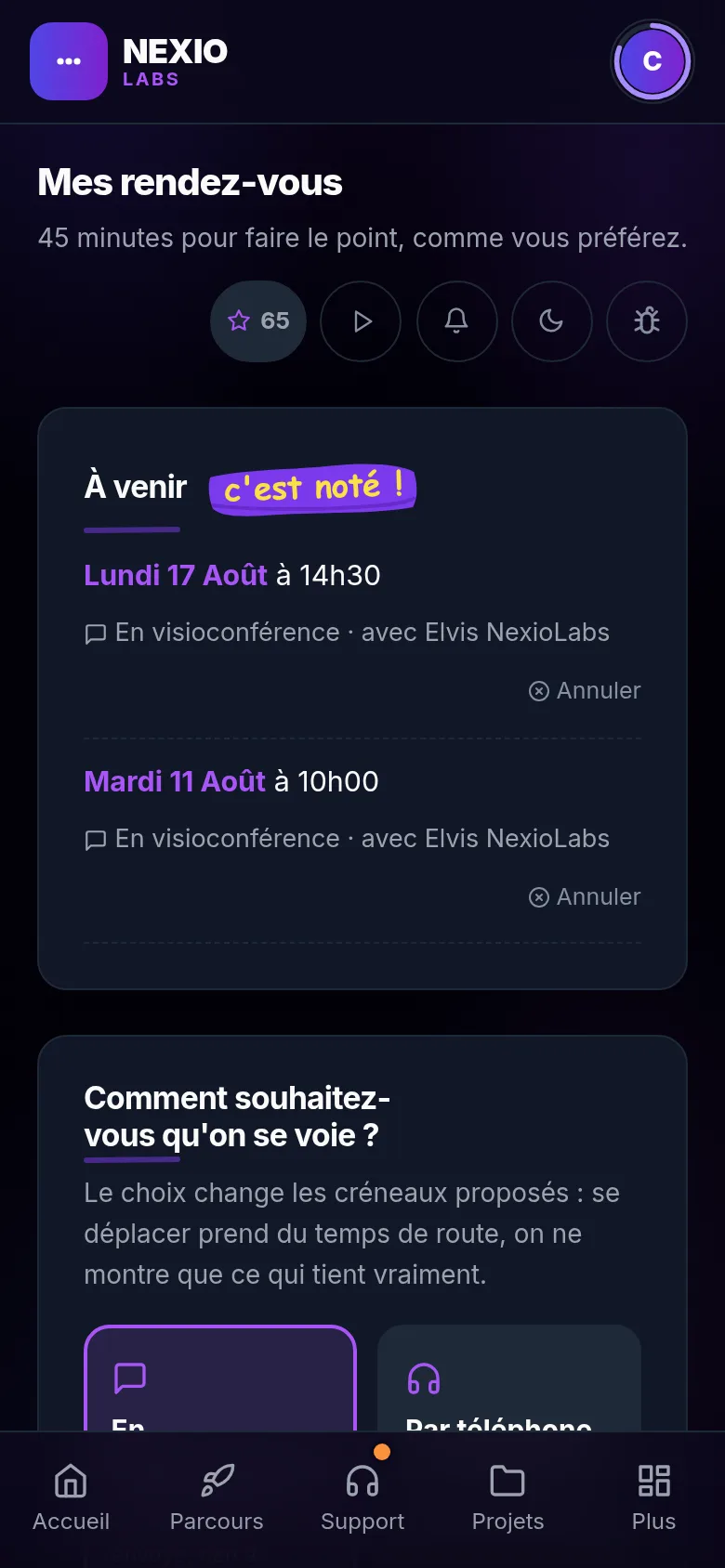 Écran Mes rendez-vous : les rendez-vous à venir et les créneaux libres à réserver