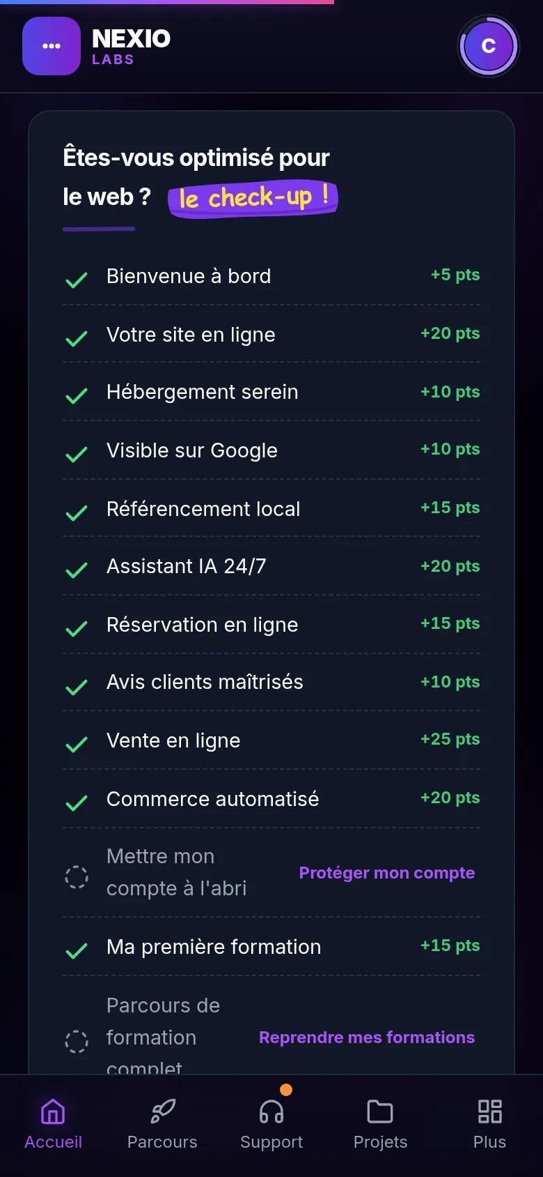 Le check-up de présence en ligne : treize étapes, celles qui sont validées et celles qui restent, avec les points de chacune