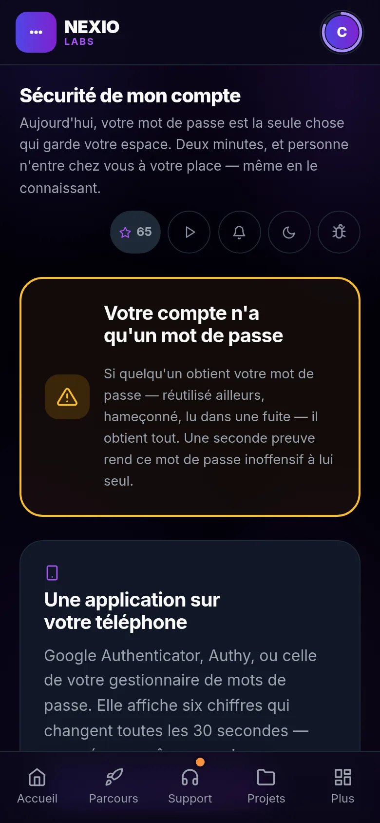 Écran Sécurité : mot de passe, double authentification et clés de sécurité