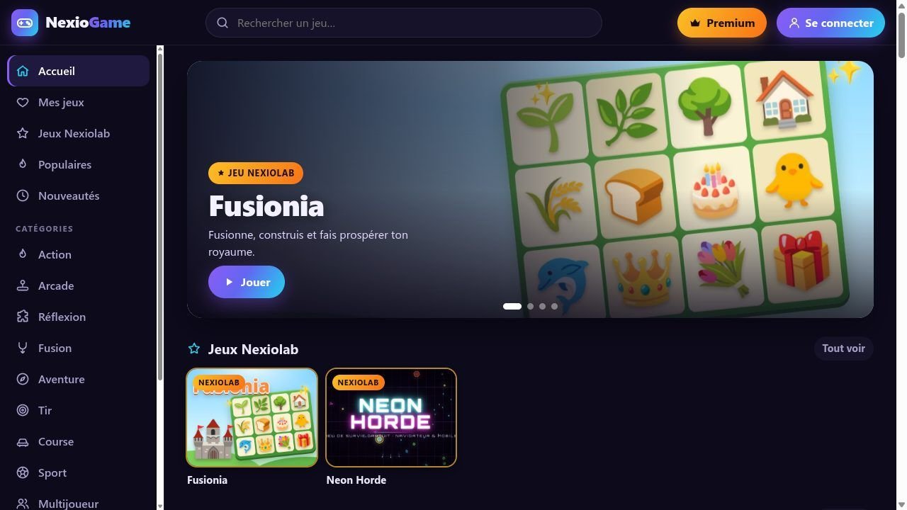 L’accueil de NexioGame sur ordinateur