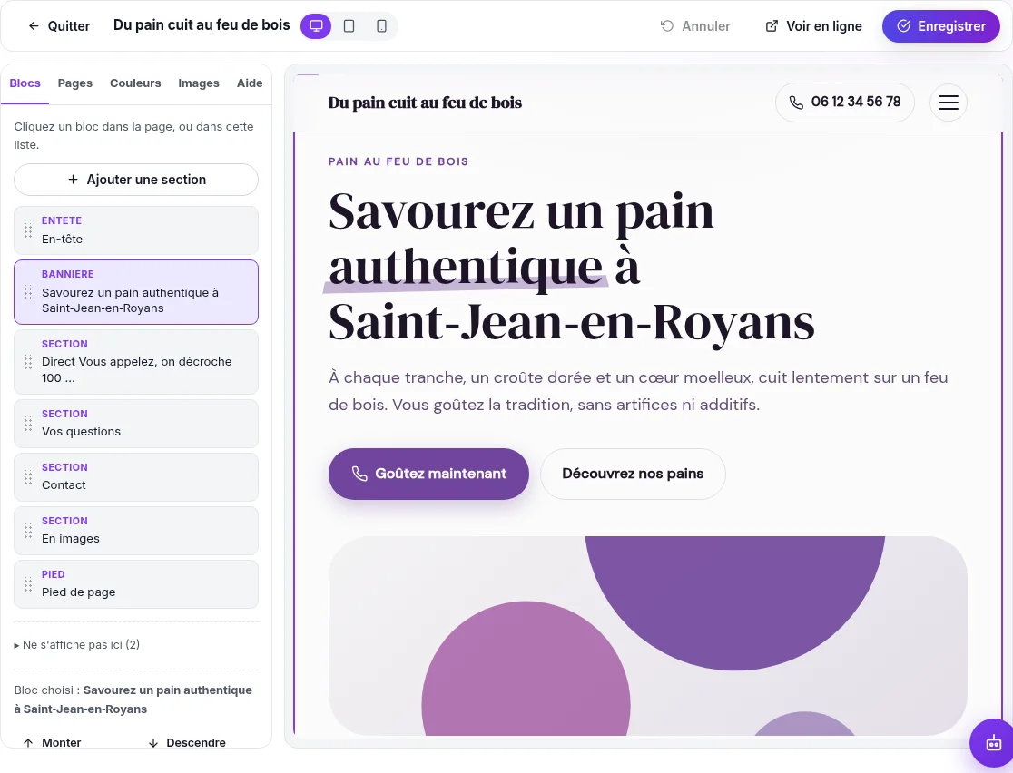 L'éditeur graphique : à gauche les onglets Blocs, Pages, Couleurs, Images et Aide, la liste des blocs et les réglages du bloc choisi ; à droite la page réelle qu'on modifie en cliquant dessus