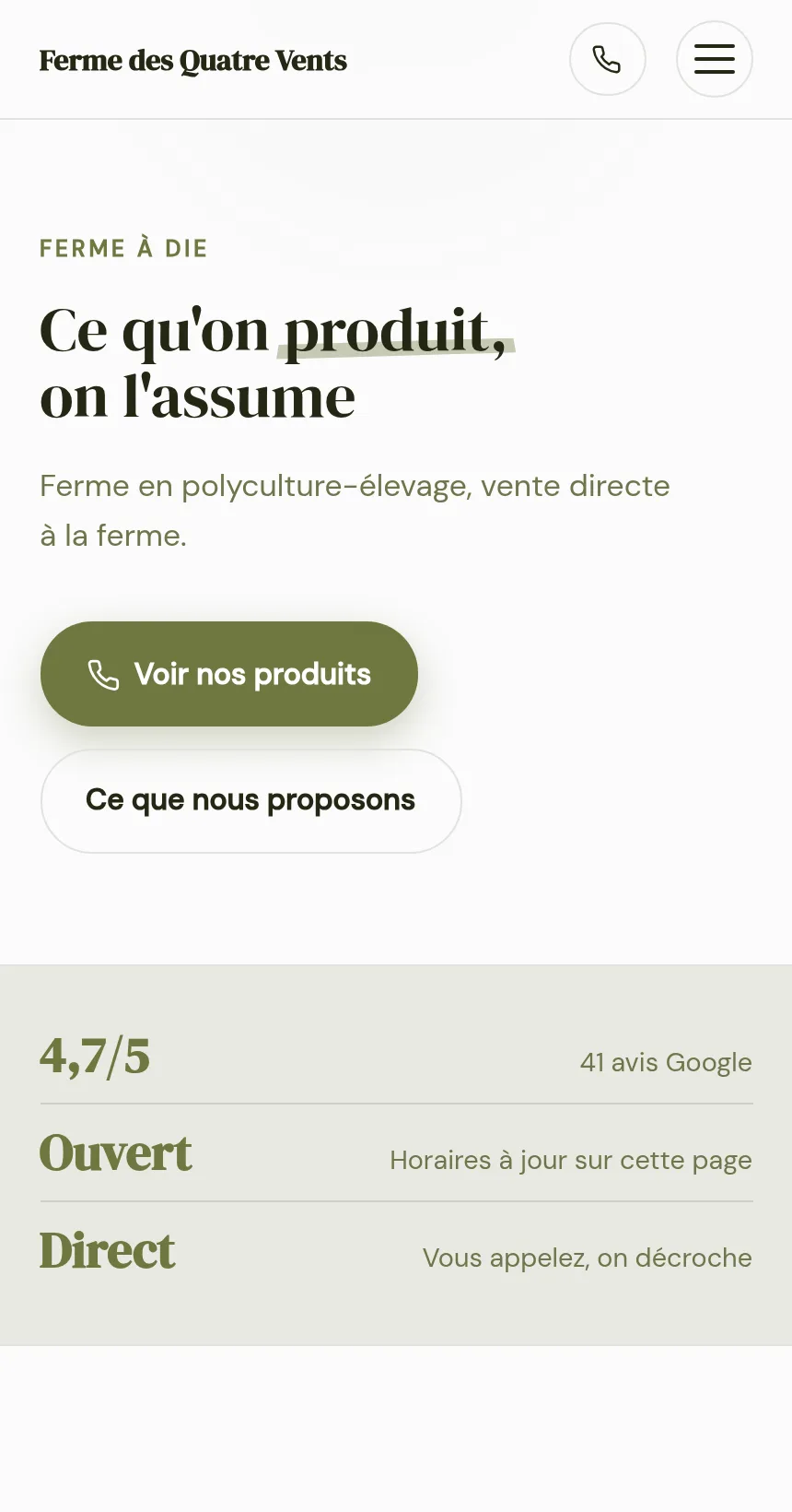 Page d'une ferme : tons olive, mise en page empilée, titre « Ce qu'on produit, on l'assume », bouton Voir nos produits