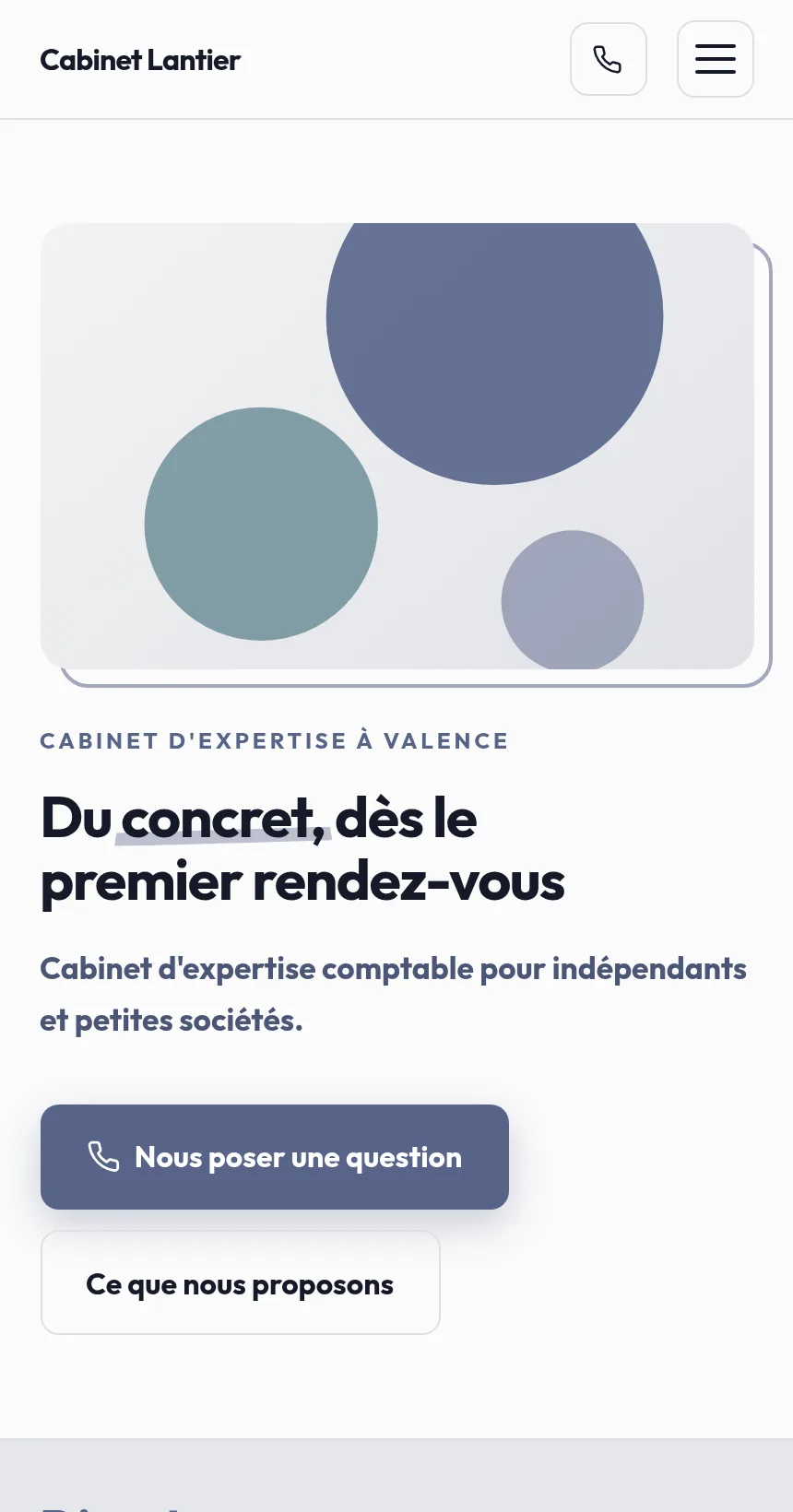 Page d'un cabinet comptable : le visuel bleu passe AVANT le titre, puis « Du concret, dès le premier rendez-vous »